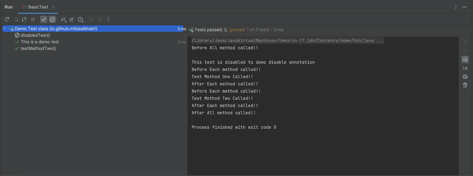 A screenshot from IntelliJ IDE that shows that the tests were executed successfully