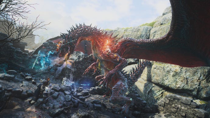 A group of adventurers fight a pus-ridden lesser dragon in Dragon's Dogma 2.