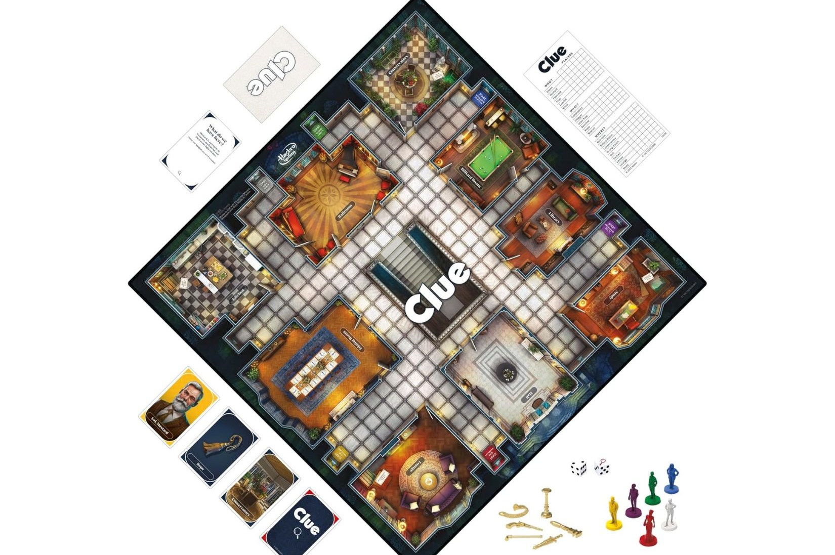 The board and accessories for the 2023 edition of Clue on a white background.