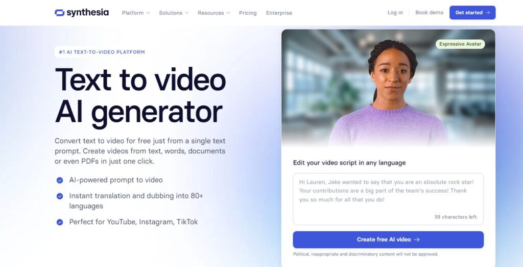 Synthesia is a top-rated AI tools for script into video