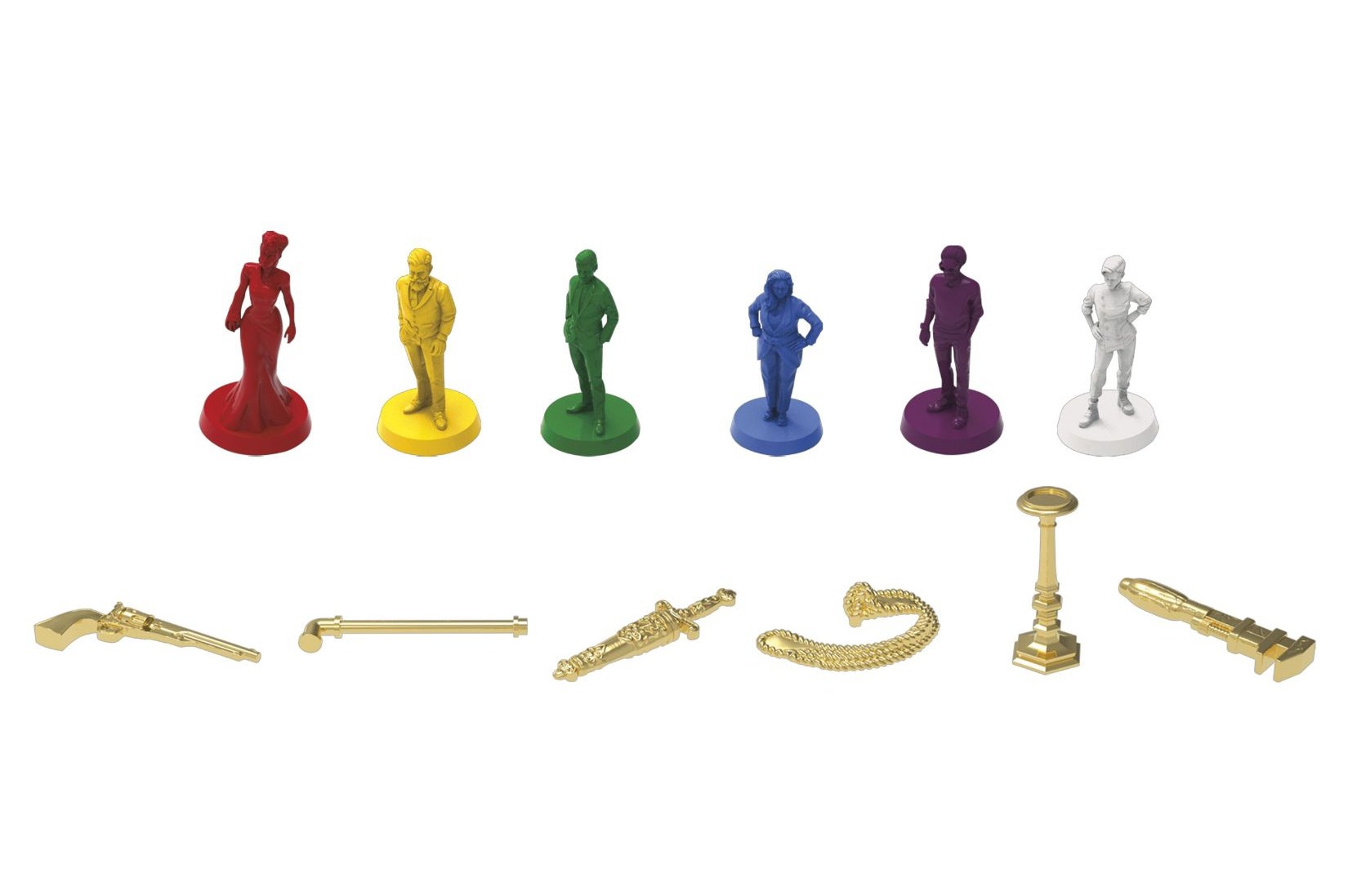 The character miniatures and weapons from the 2023 edition of Clue on a white background.