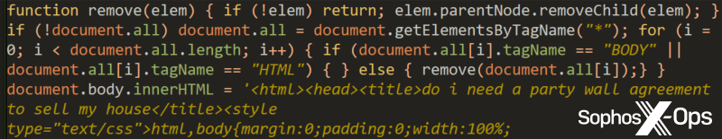 A set of commands that deletes from view the original page content on the compromised WordPress server page the visitor lands on