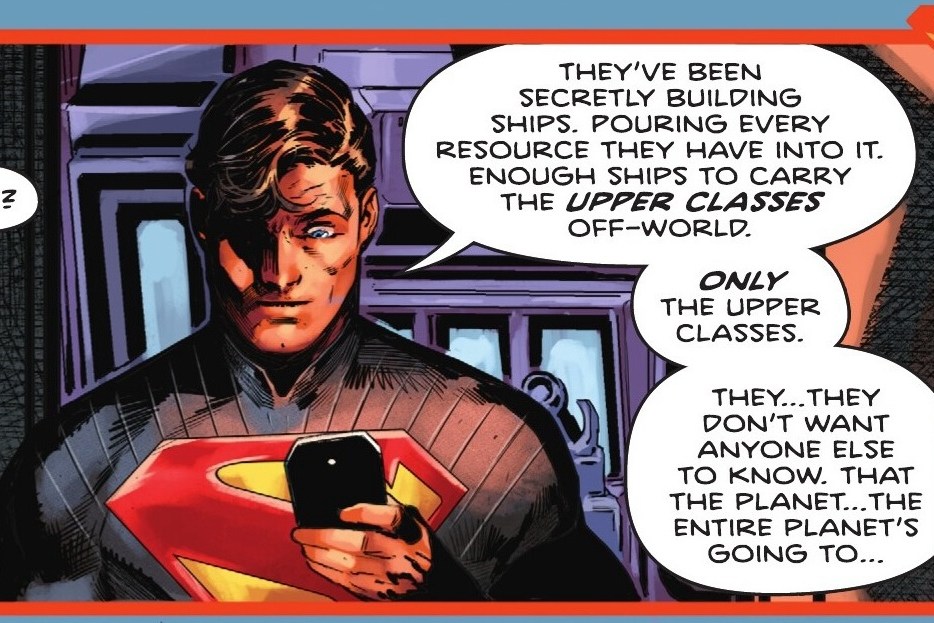 Superman’s father looks at his Kryptonian iPhone in shock as he discovers that the upper classes of society have been secretly building ships so that they alone can escape the planet’s destruction. “Only the upper classes. They… they don’t want anyone else to know. That the planet… the entire planet‘s going to…” in Absolute Superman #3.