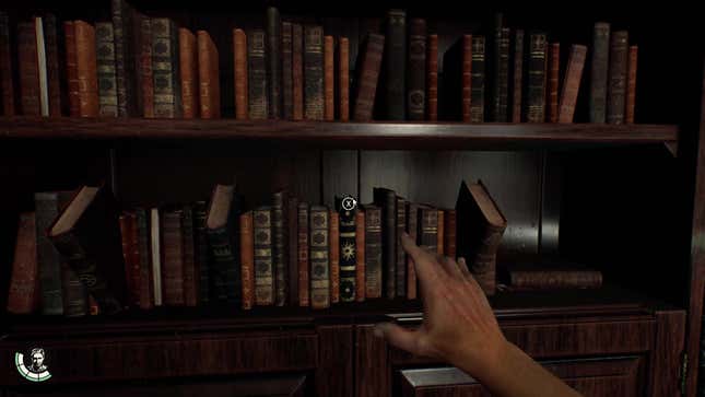 The player reaches out for a bookcase.