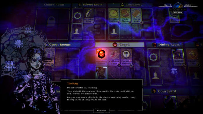 A screenshot from The Horror At Highrook, showing a blueprint-style view of a house layout with cards representing characters and items, plus some swirly paranormal effects. In the foreground, a spectral entity is speaking about a missing child.