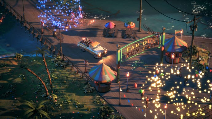 Driving through a chaotic fireworks accident in Deliver At All Costs.