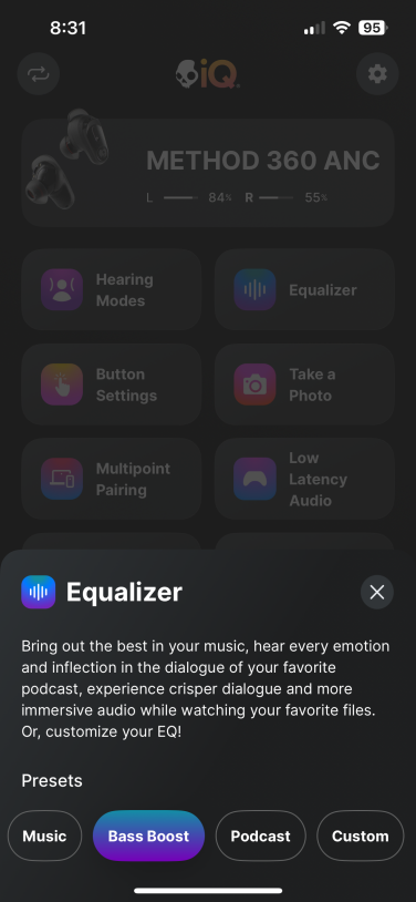skullcandy app page for equalizer settings
