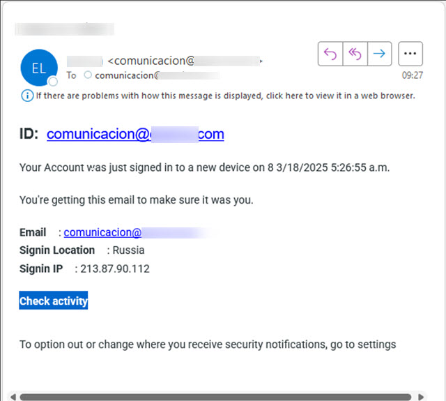 Figure 1. Example of a malicious email with a link leading to a fake login page phihisng-dinamico-login-falso
