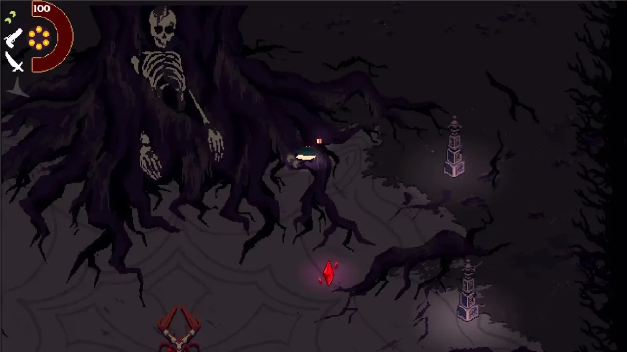 The protagonist of BloodRush standing in front of a giant skeleton.