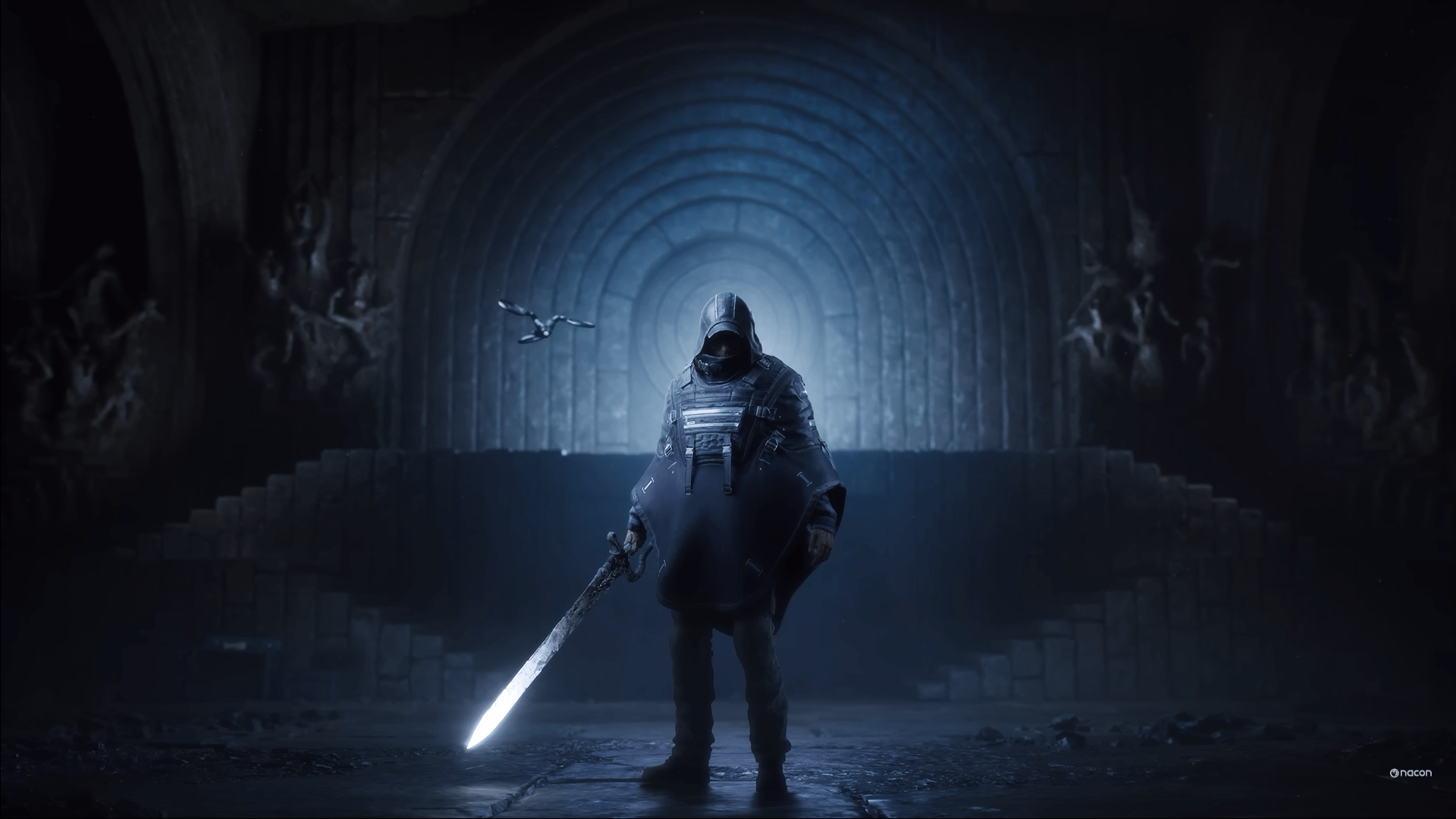 Remi standing with a big glowing sword in Hell is Us.
