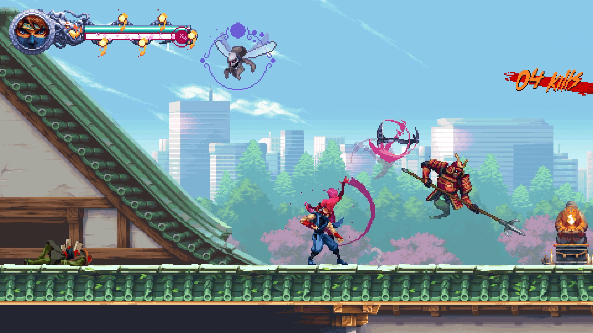 Kenji and Kumori fight demons on the rooftop of a Japanese building in a screenshot from Ninja Gaiden: Ragebound