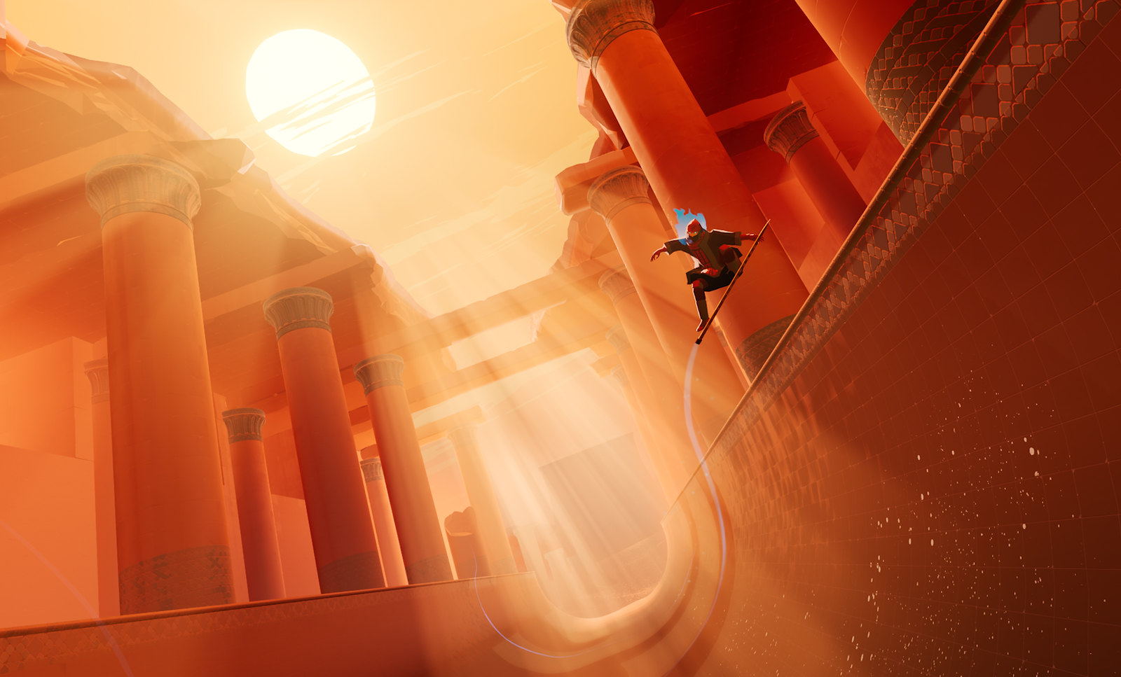 The character in Sword of the Sea using a sword as a skateboard.