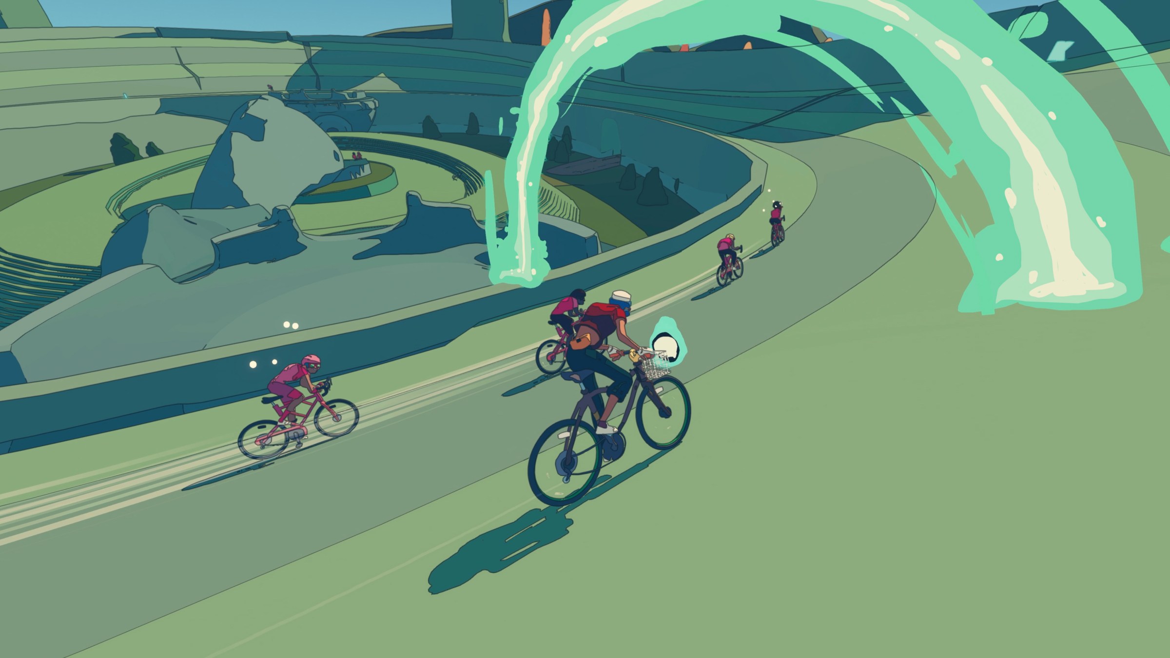 A group of bikers ride on a track in a screenshot from Wheel World