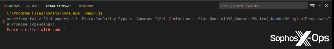 A screenshot from a debugger, showing a PowerShell command