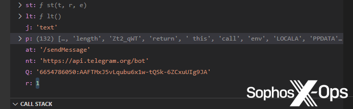A screenshot from a debugger, showing Telegram details (URL, token, and command)