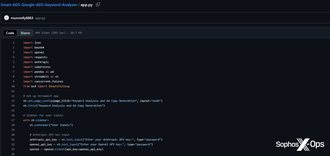A screenshot of a Python script, viewed online on GitHub via a browser