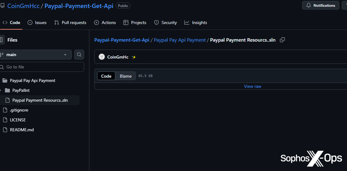A screenshot of a .scr file masquerading as a .sln file, viewed on GitHub via a browser