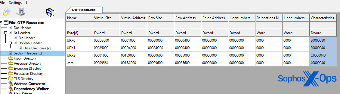 A screenshot from a binary inspector, showing sections packed with UPX