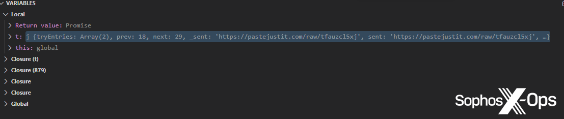 A screenshot of a debugger, showing a paste link in memory