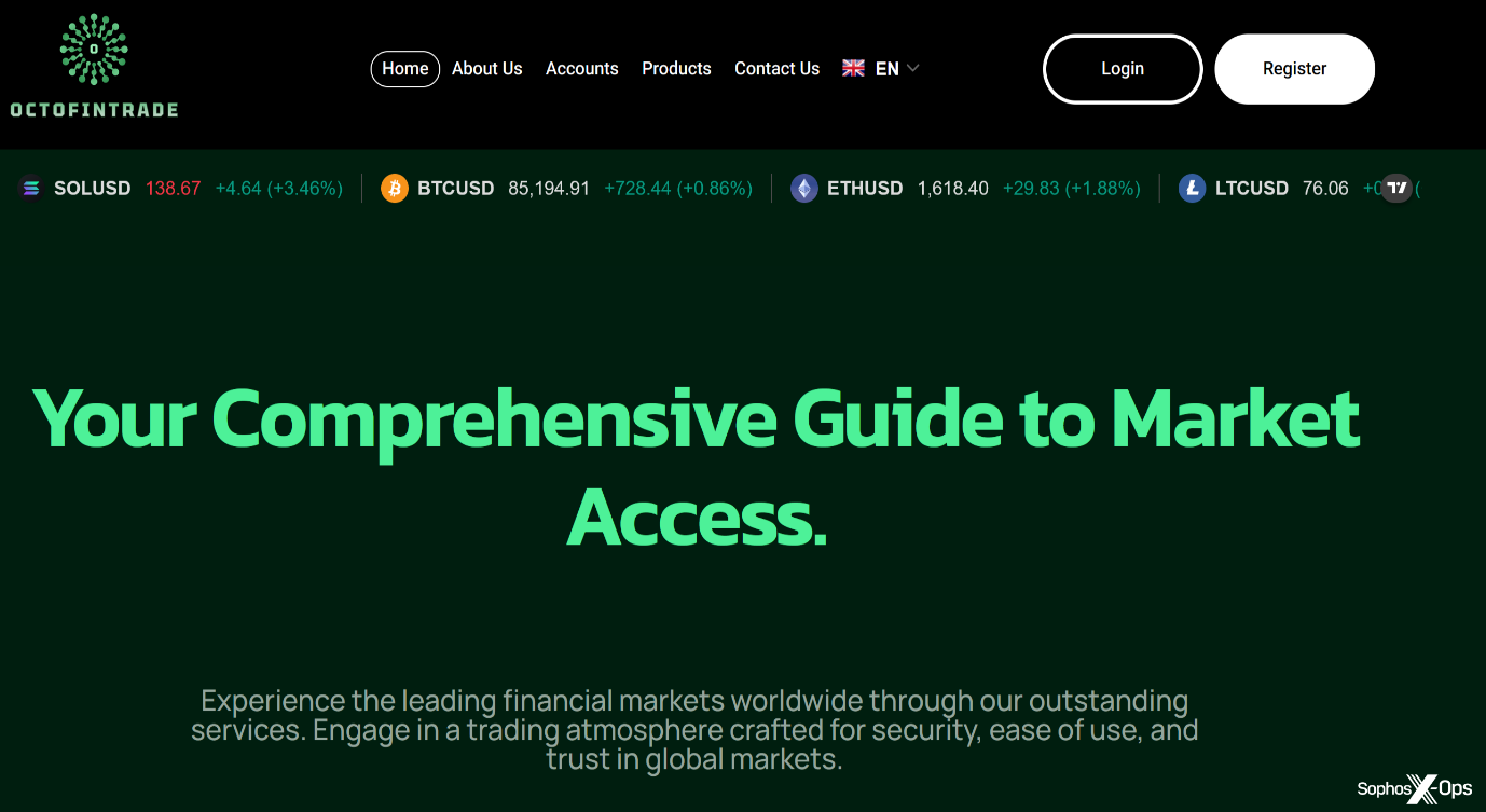 A screenshot of a website. A green circular logo in the top-left, a dark green background, a cryptocurrency 'ticker' banner across the top. Login and Register buttons in the top-right