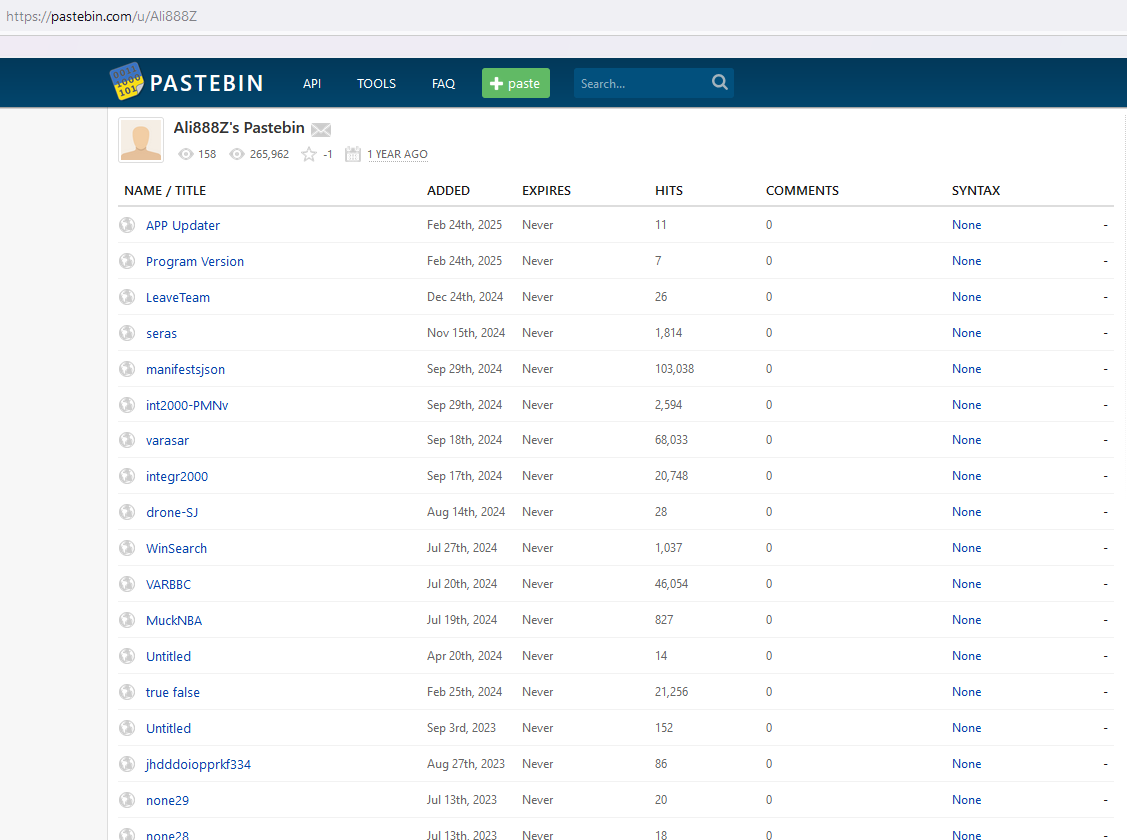 A screenshot from Pastebin, showing a list of pastes