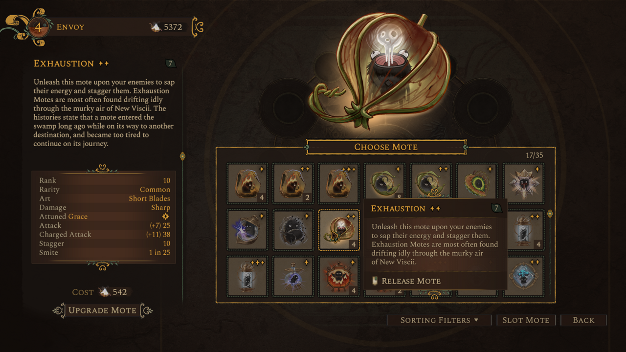 The Motes menu, where you choose upgrades and buffs.