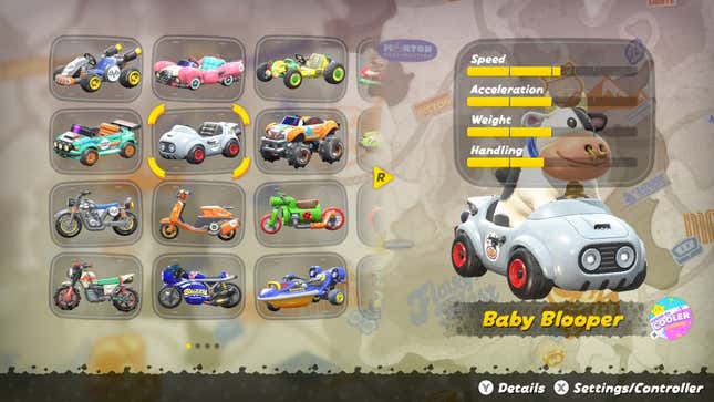 A vehicle selection screen shows different karts for a cow.