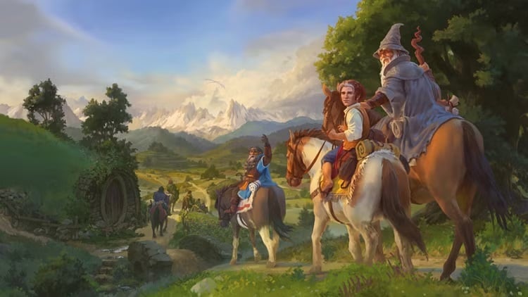 Gandalf leads hobbits through the Shire.