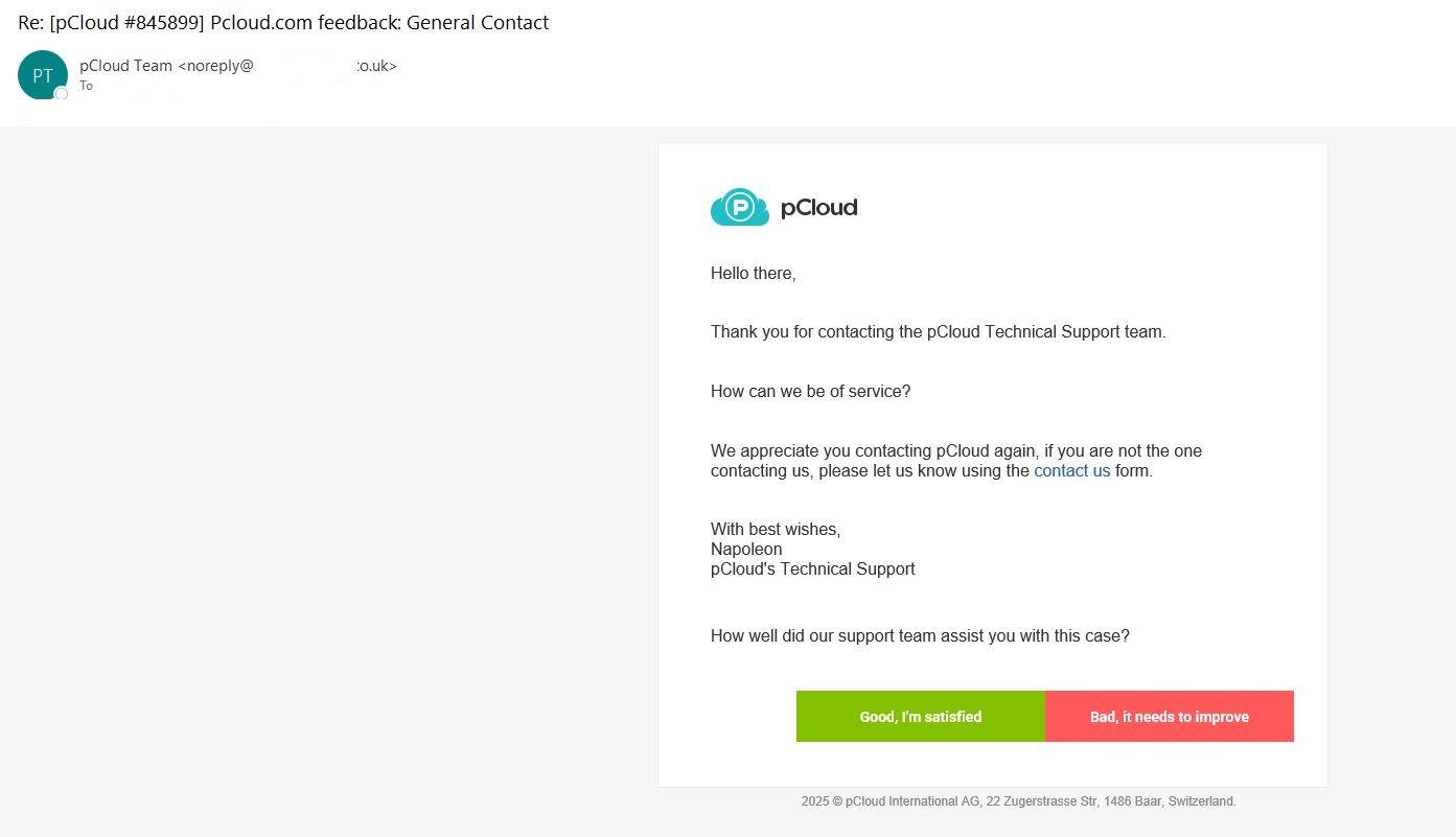 Phishing email that mimics a pCloud notification