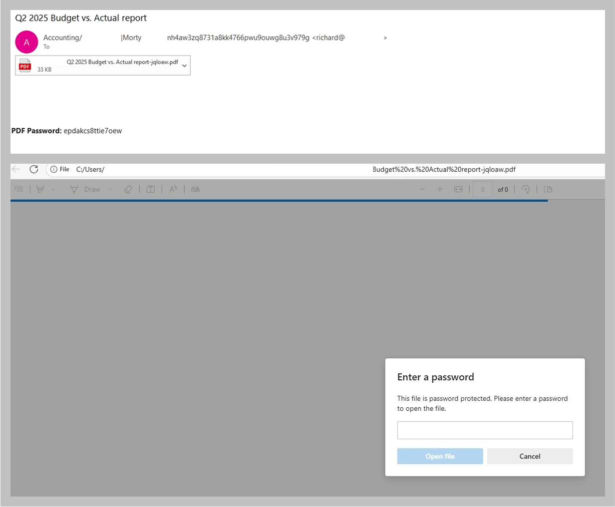 Phishing email with a password-protected PDF attachment
